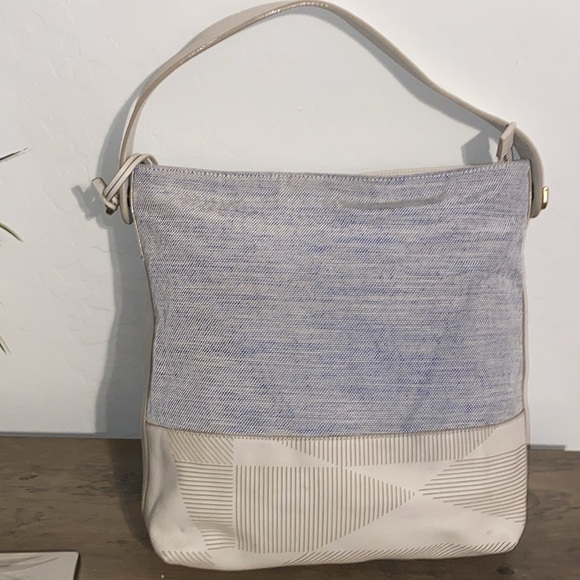 Fossil Maya Hobo Canvas Leather Cream Light Blue Crossbody - Picture 10 of 17